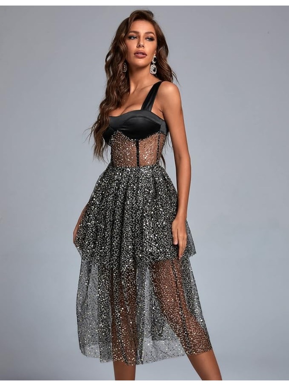 Bella Barnett Size L Tamo Mesh Midi Dress Black Sequin Sheer Corset Whimsigoth